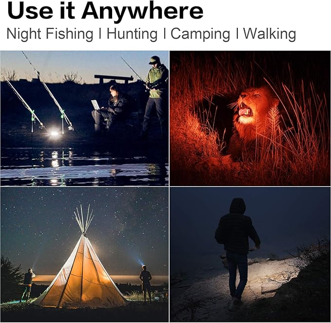 Collage of people using a device for night activities including fishing, hunting, camping, and walking.