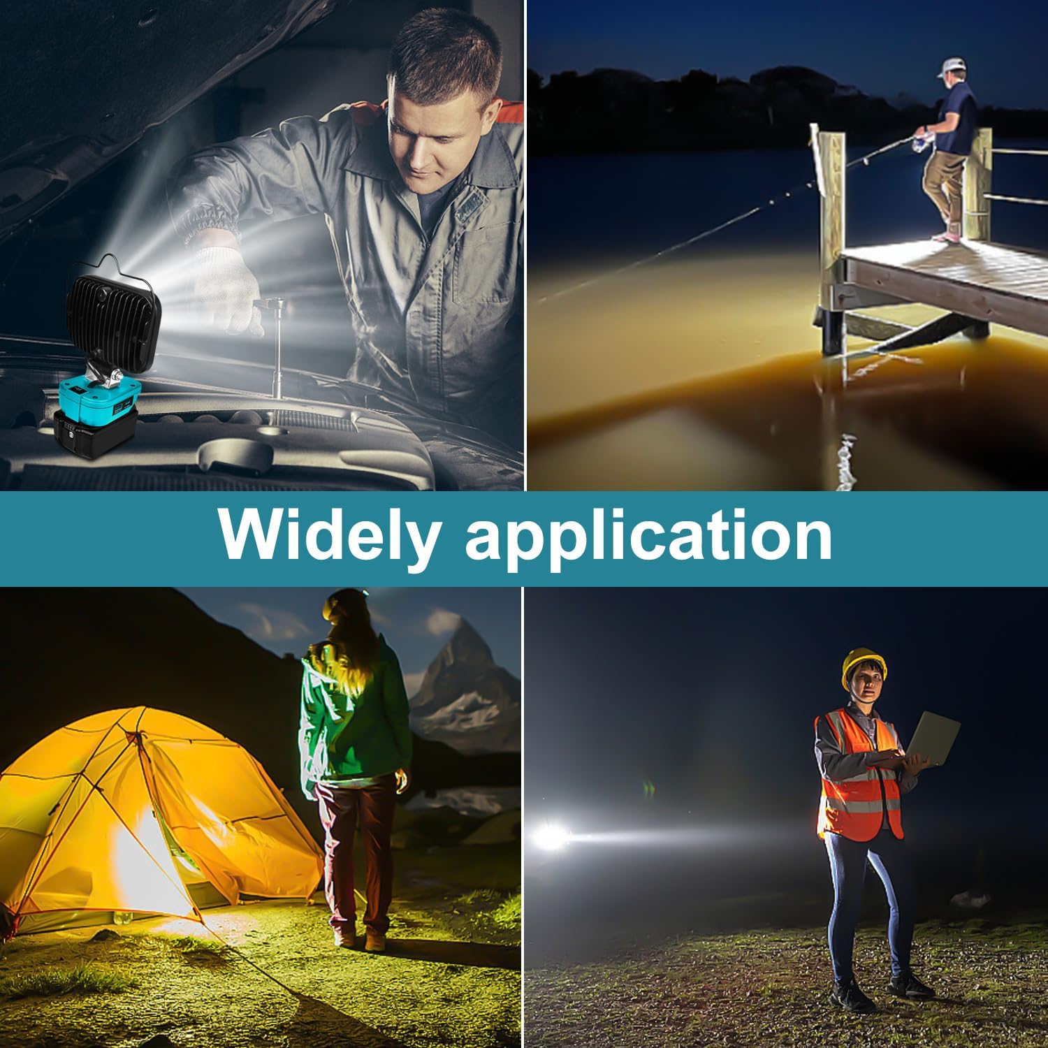 Collage of people using a flashlight or light source in various settings like a car, outdoors, and near a tent.