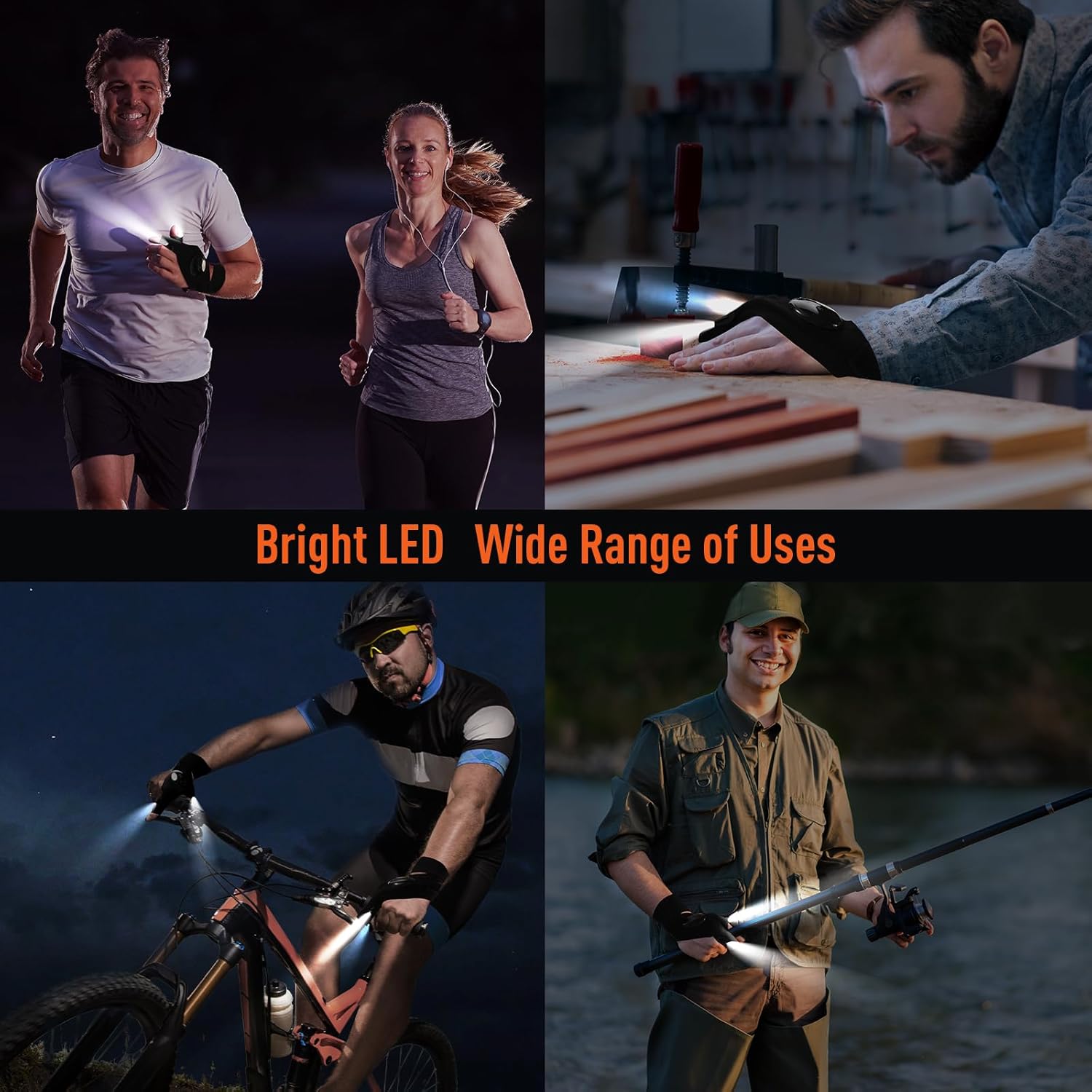 Collage of people using a flashlight with text 'Bright LED Wide Range of Uses'.