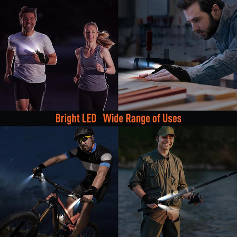 Collage of people using a flashlight with text 'Bright LED Wide Range of Uses'.