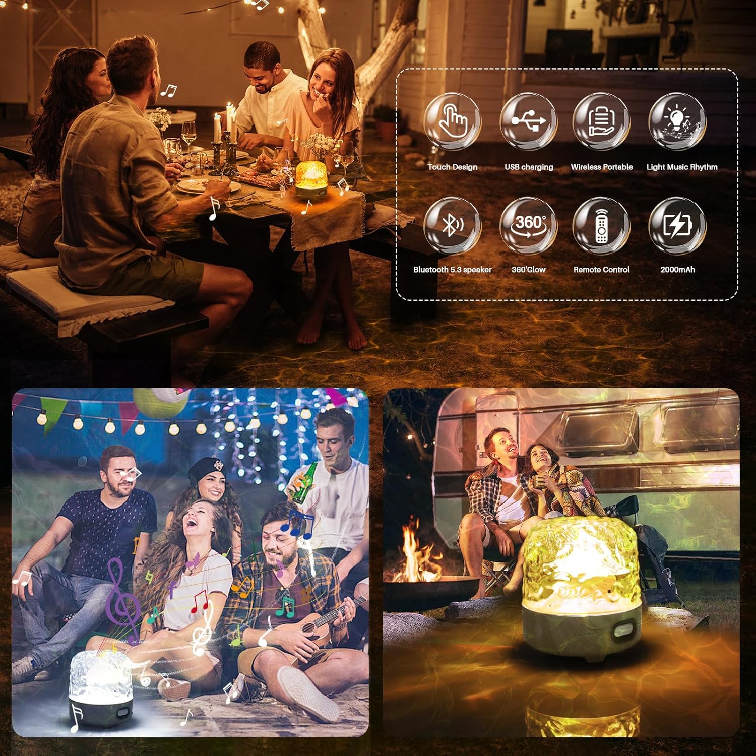 Collage of people using a portable light source with feature icons and various settings.