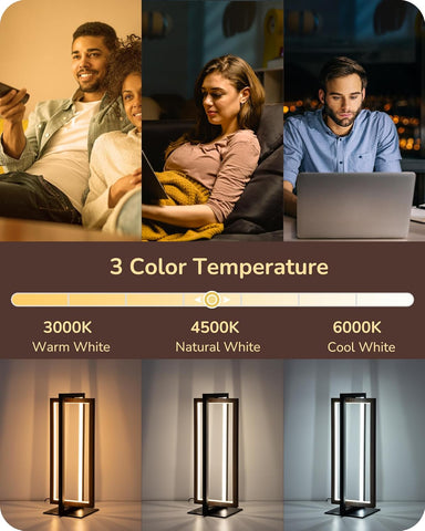 Collage of people using electronic devices with a color temperature chart and examples below.