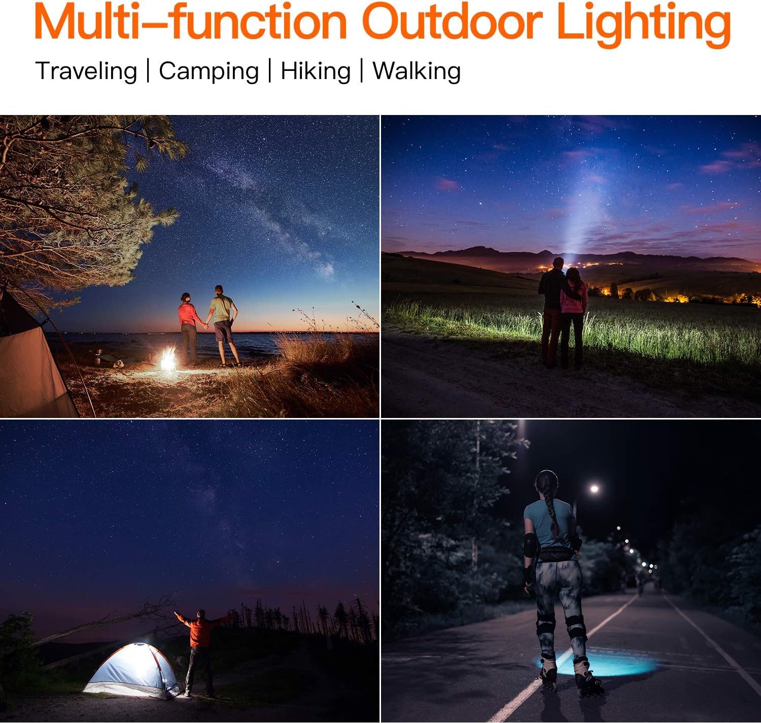Collage of people using outdoor lighting in various settings with text 'Multi-function Outdoor Lighting'.