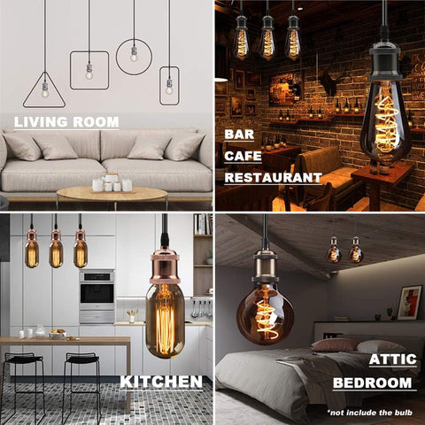 Collage of pendant lights in various settings including living room, bar, cafe, restaurant, kitchen, and attic bedroom.