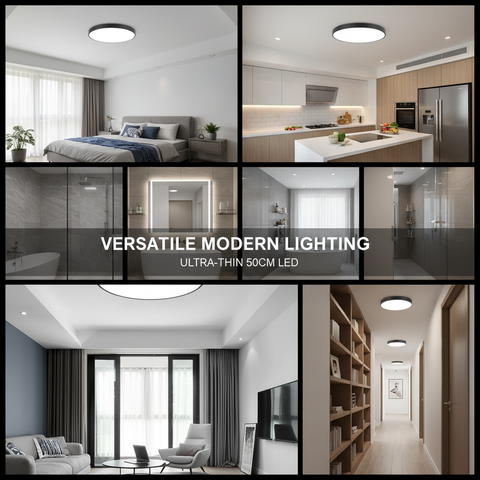 Collage of rooms with modern lighting fixtures, showcasing versatility.