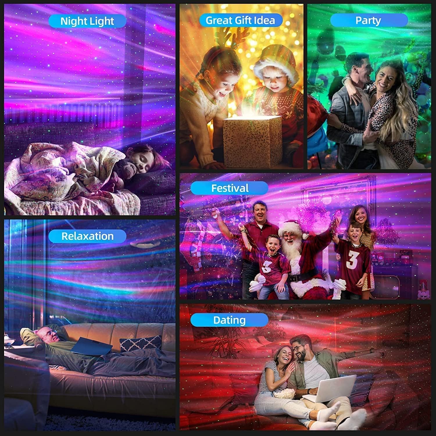 Collage of scenes with different lighting modes including night light, great gift idea, party, festival, relaxation, and dating.