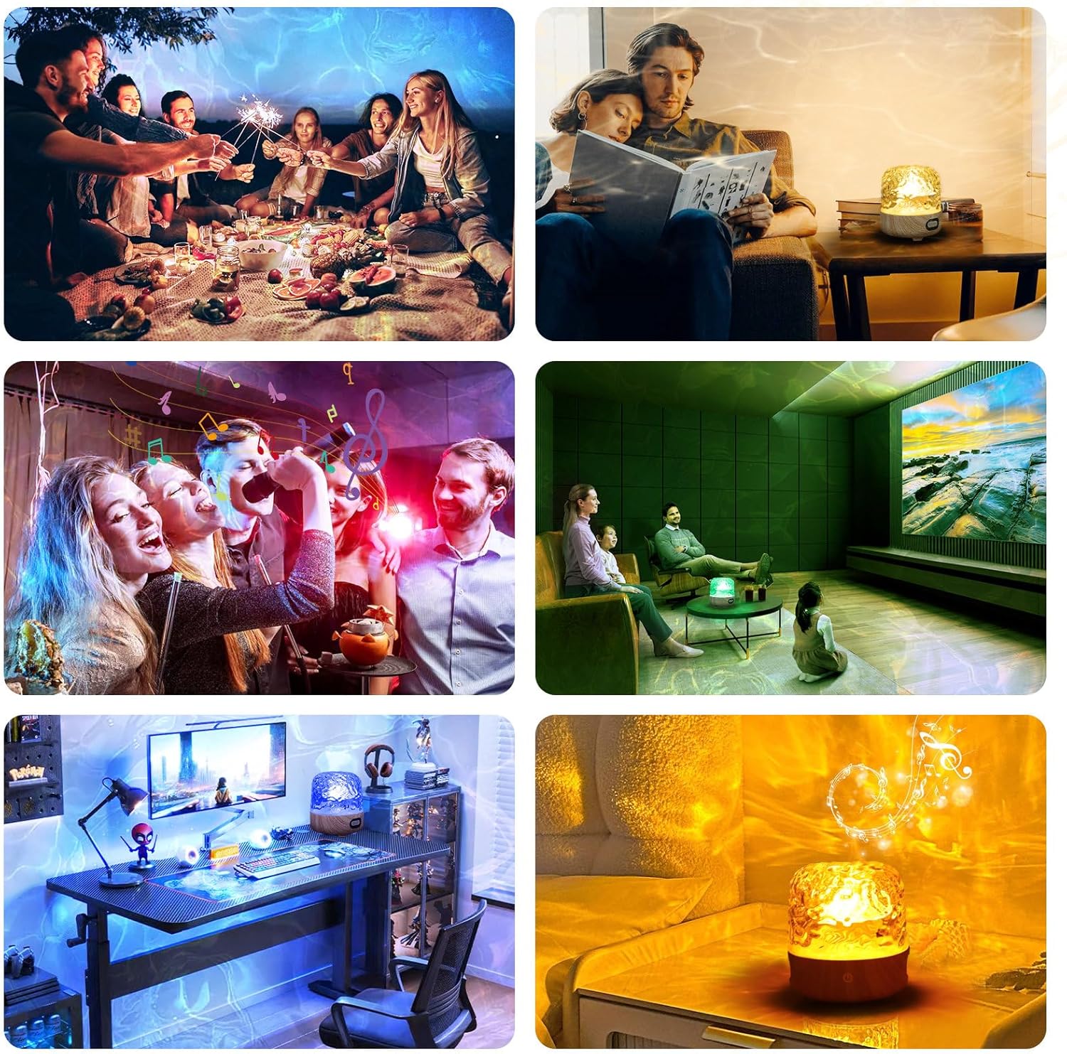 Collage of six different scenes including a family dinner, a couple reading, a party, a living room, a home office, and a cozy room with a lamp.
