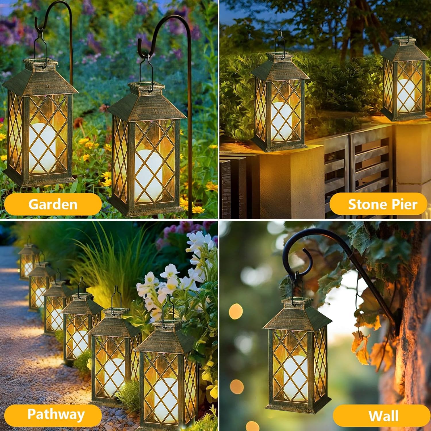 Collage of solar lanterns in garden, stone pier, pathway, and wall settings.