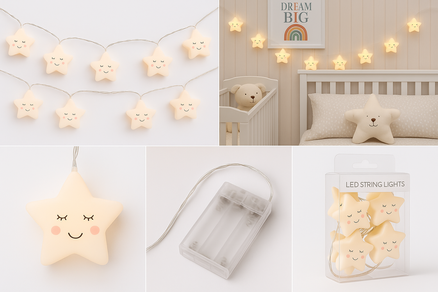 Collage of star-shaped LED string lights in a nursery setting with packaging.