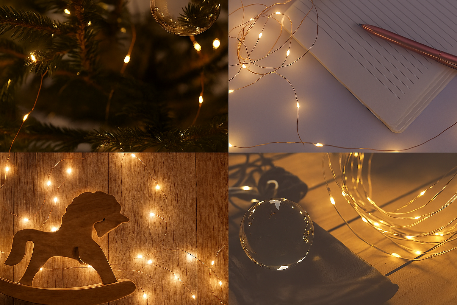 Collage of string lights in various settings including a Christmas tree, notebook, wooden toy, and glass.