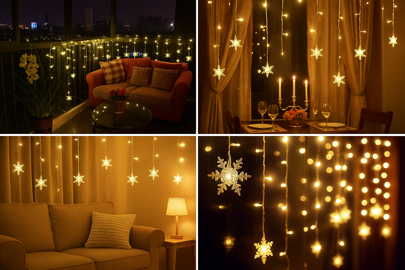 Collage of string lights in various settings including a living room, dining area, and decorative hanging lights.