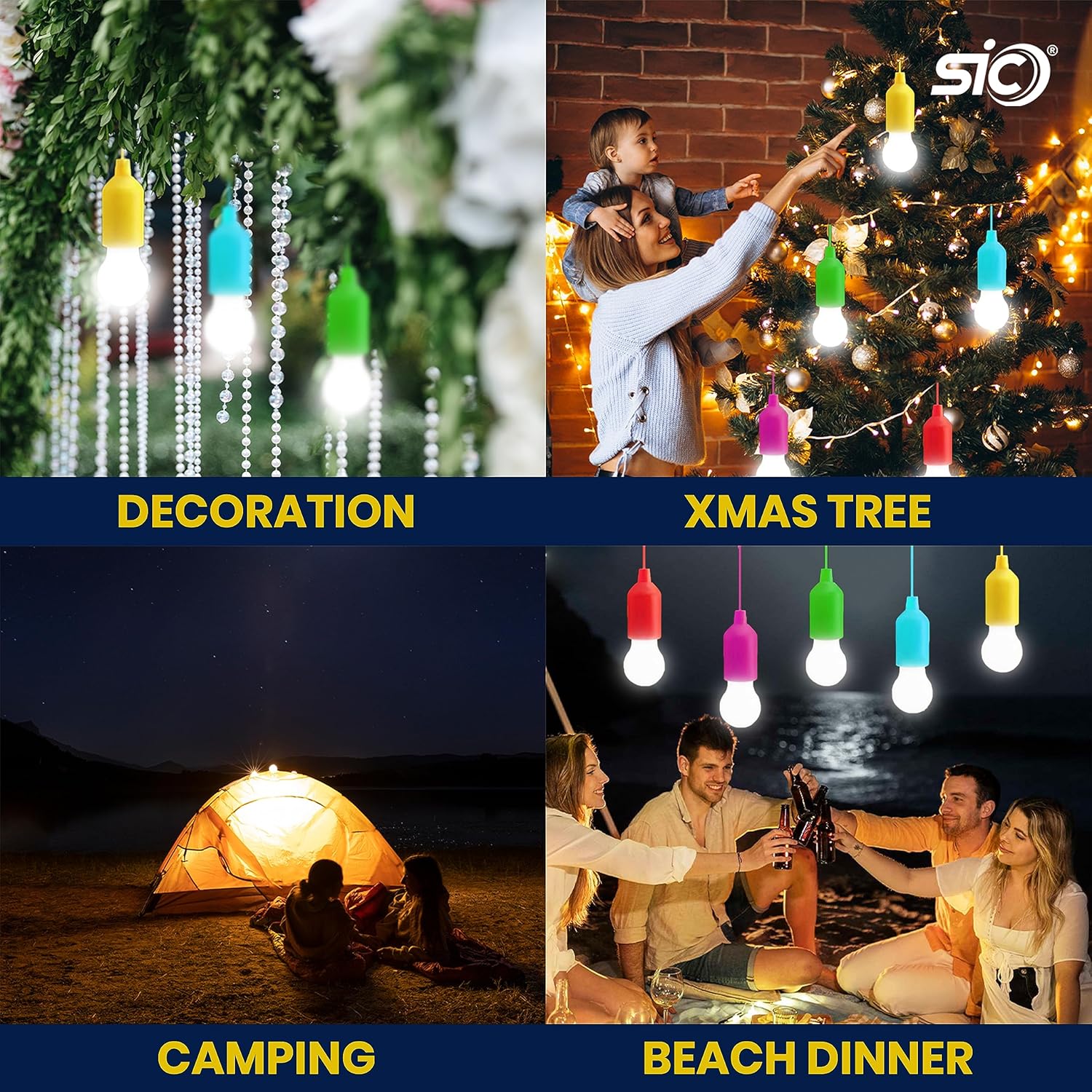 Collage of string lights used for decoration, on a Christmas tree, camping, and a beach dinner.