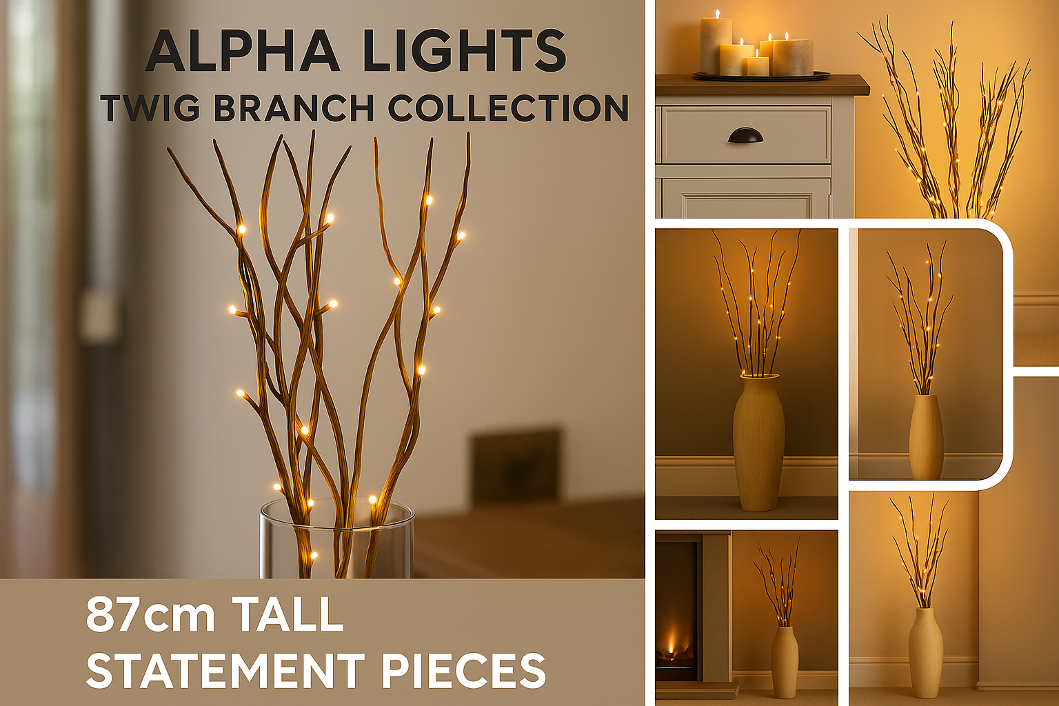 Collage of twig branch collection with lights, featuring 'Alpha Lights' branding.
