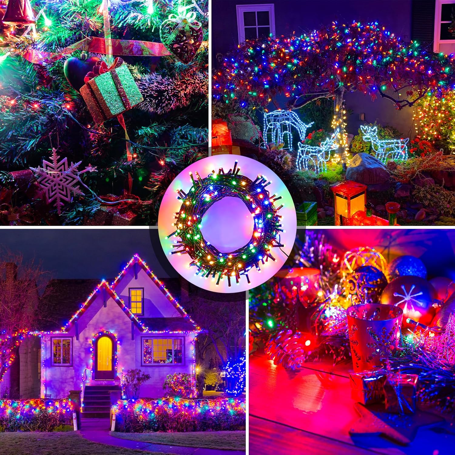 Collage of various Christmas light decorations including a wreath, house exterior, and outdoor scenes.