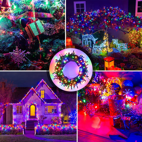 Collage of various Christmas light decorations including a wreath, house exterior, and outdoor scenes.