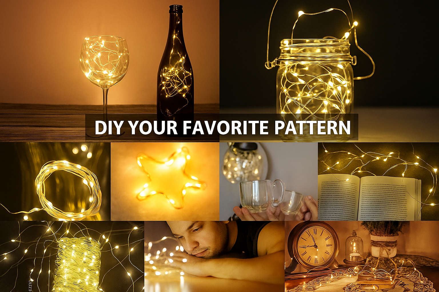 Collage of various decorative uses of string lights with text 'DIY YOUR FAVORITE PATTERN'.