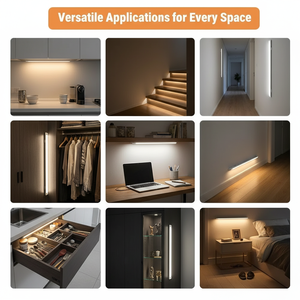 Collage of various indoor lighting applications in different rooms.