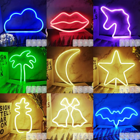 Collage of various neon light shapes including a cloud, lips, hand, palm tree, moon, star, pineapple, bell, and bat on a neutral background.
