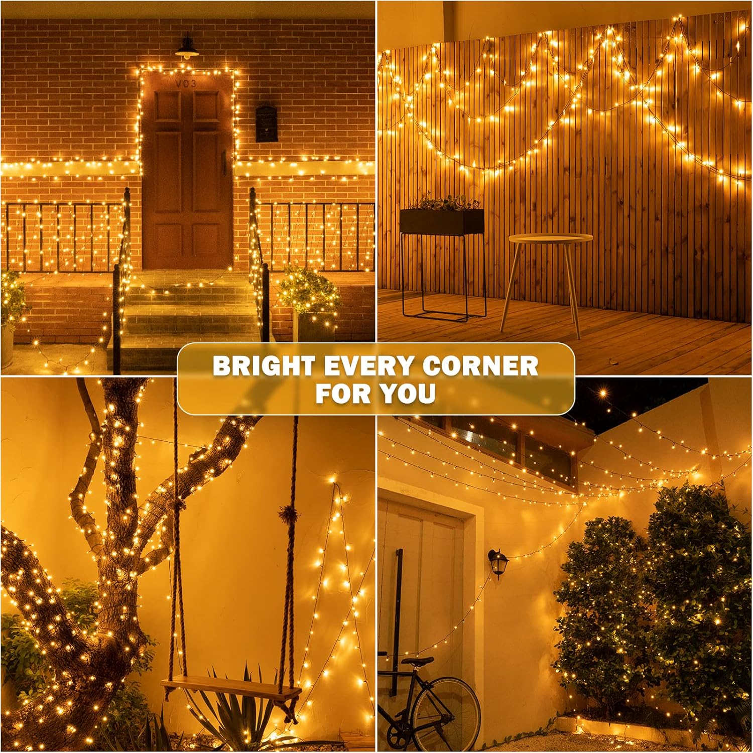 Collage of various outdoor scenes with string lights, including a house, garden, and tree.