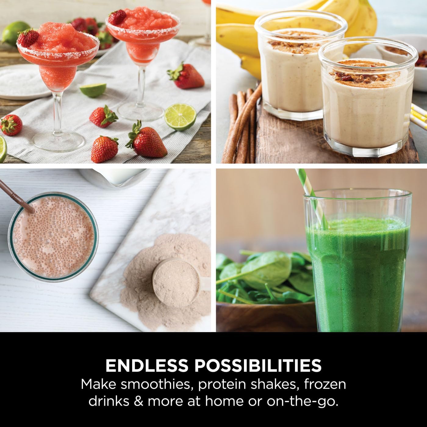Collage of various smoothies and drinks with ingredients, including strawberries, bananas, and green smoothie.
