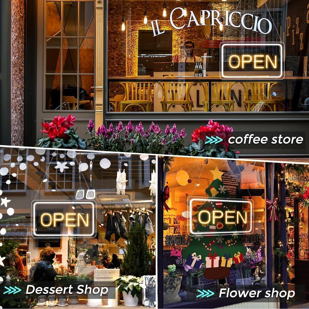 Collage of various store fronts with 'OPEN' signs, including a coffee store, dessert shop, and flower shop.