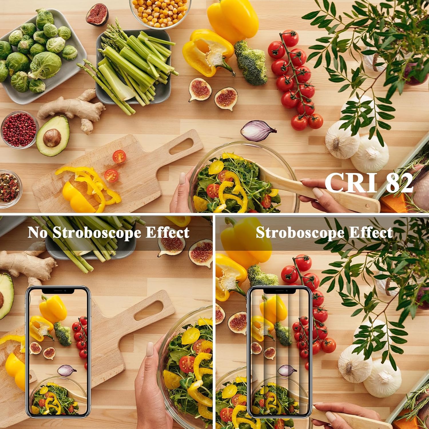 Collage of vegetables on a wooden table with a smartphone showing images with and without stroboscope effect.