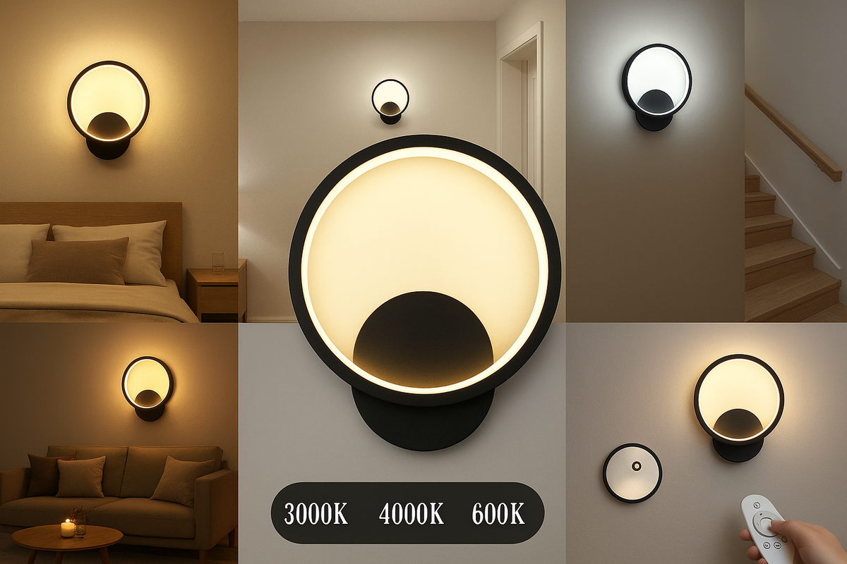 Collage of wall-mounted light fixture in various settings with color temperature options.