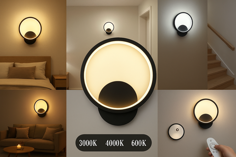 Collage of wall-mounted light fixture in various settings with color temperature options.