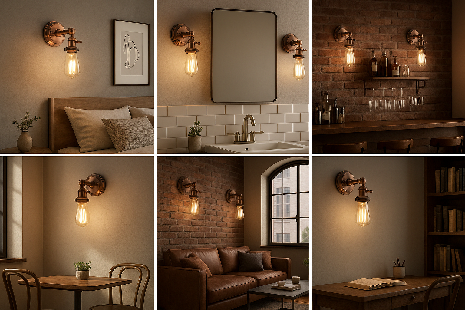 Collage of wall-mounted light fixtures in various interior settings.