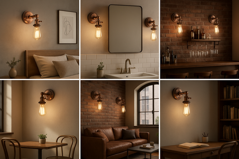 Collage of wall-mounted light fixtures in various interior settings.