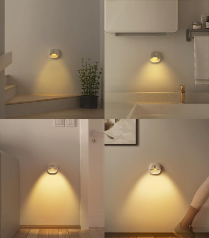 Collage of wall-mounted lights in various indoor settings