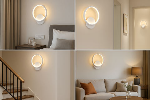 Collage of wall-mounted lights in various indoor settings
