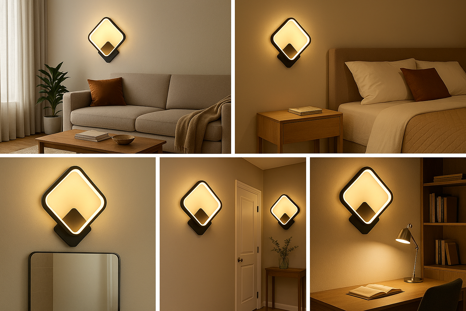 Collage of wall-mounted lights in various rooms including a living room, bedroom, and office.
