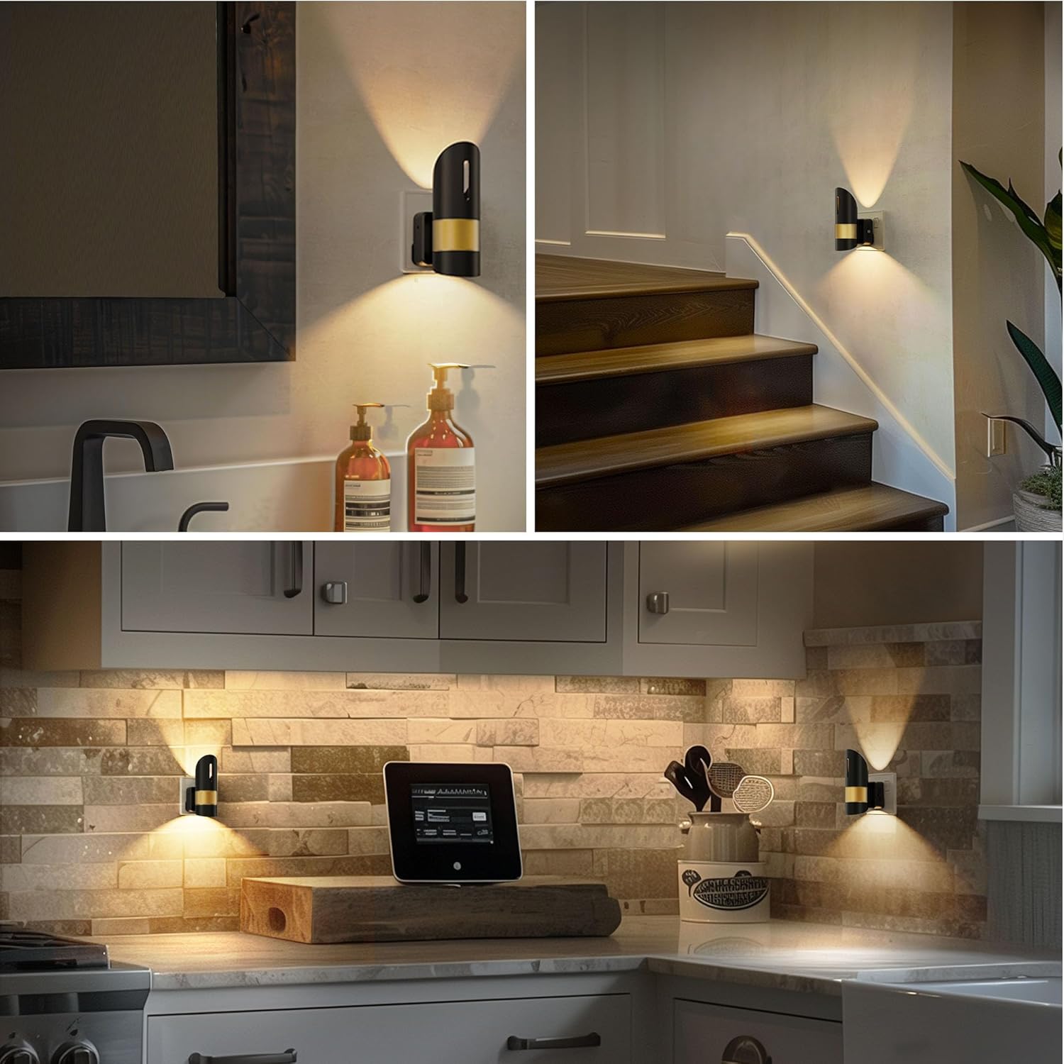Collage of wall-mounted lights in various settings including a kitchen, bathroom, and staircase.