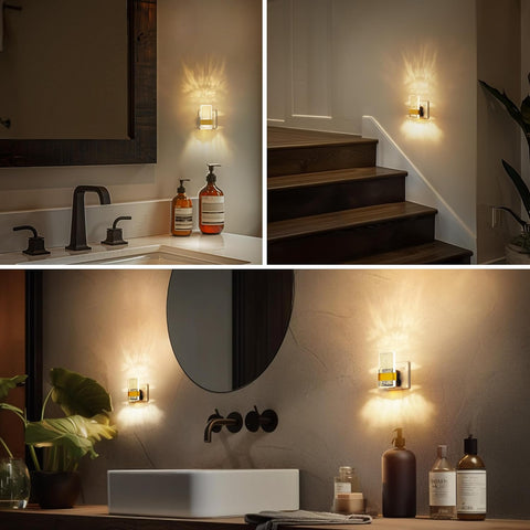 Collage of wall sconces in various settings including a bathroom, staircase, and living room.