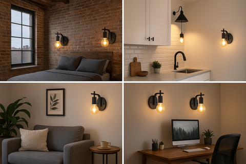 Collage of wall sconces in various settings including a bedroom, kitchen, living room, and office.