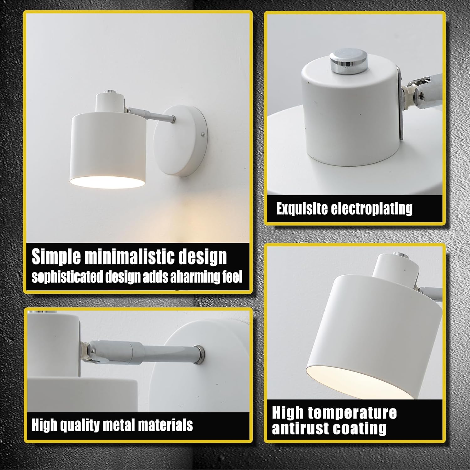 Collage of white wall lights with text highlighting features on a dark background