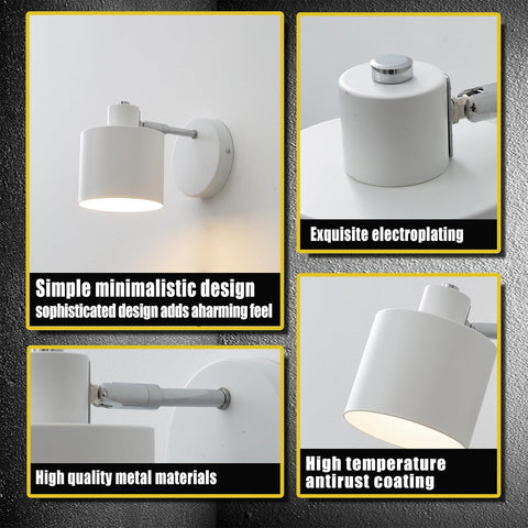 Collage of white wall lights with text highlighting features on a dark background