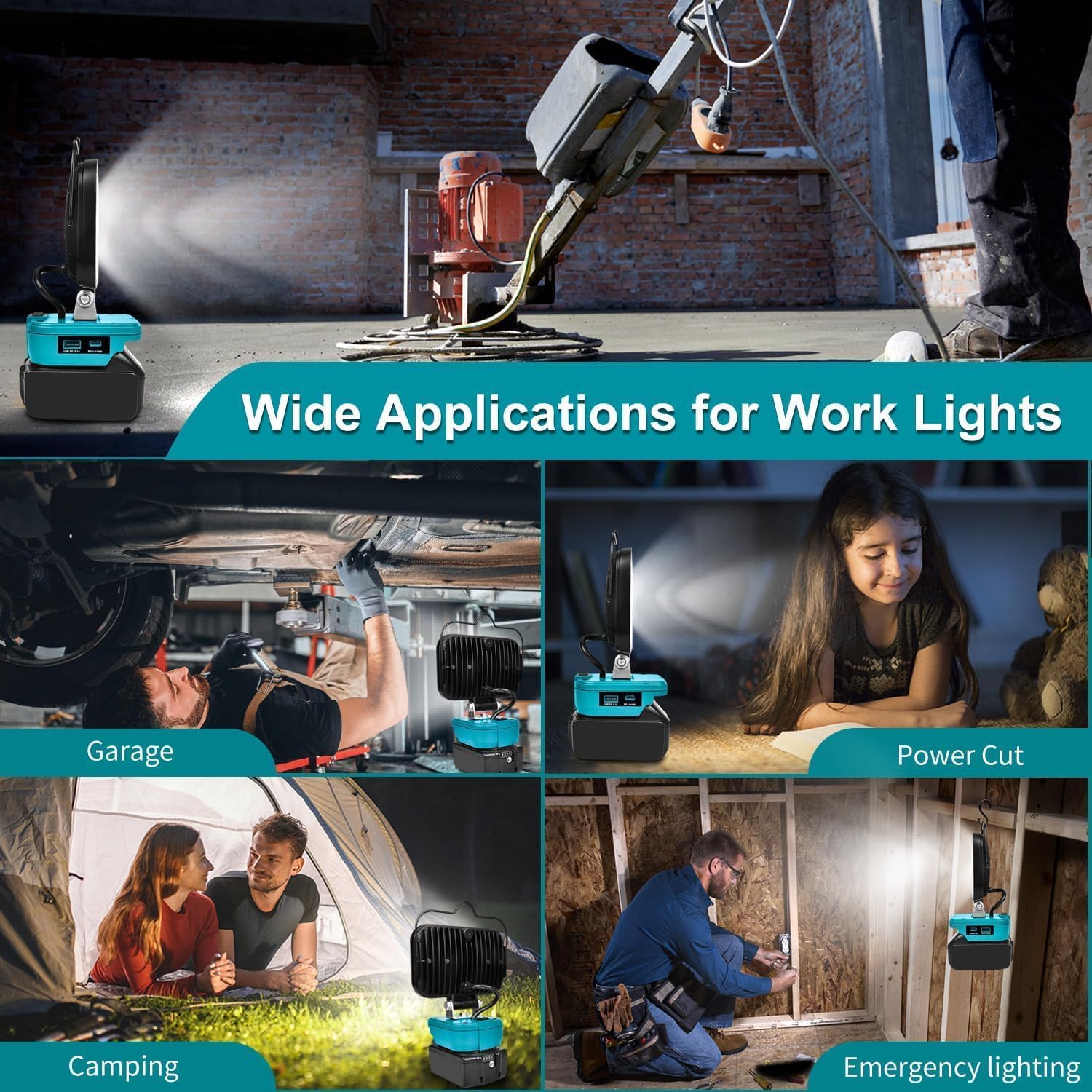 Collage of work lights in various settings with text 'Wide Applications for Work Lights'.