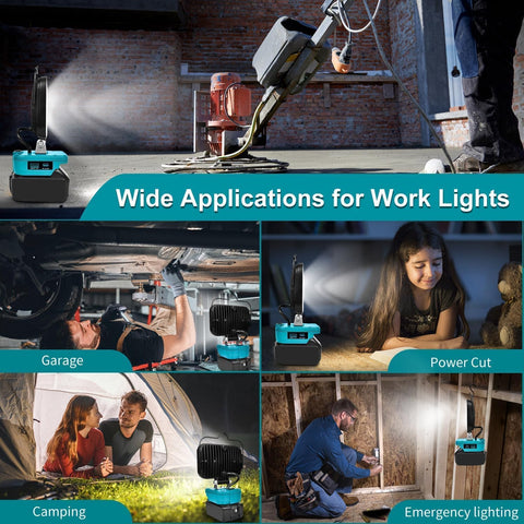 Collage of work lights in various settings with text 'Wide Applications for Work Lights'.