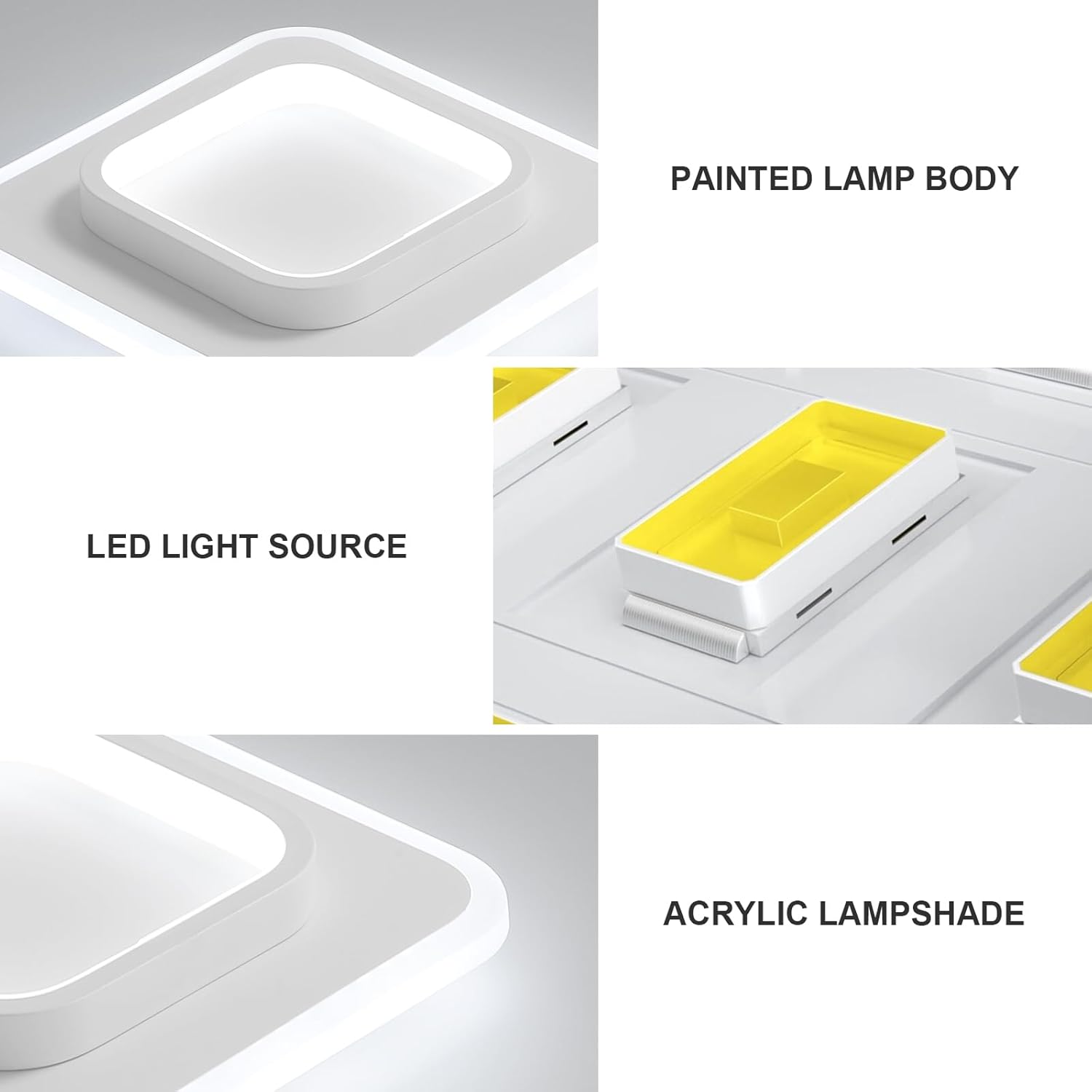 Collage showing components of a lamp including painted lamp body, LED light source, and acrylic lampshade.