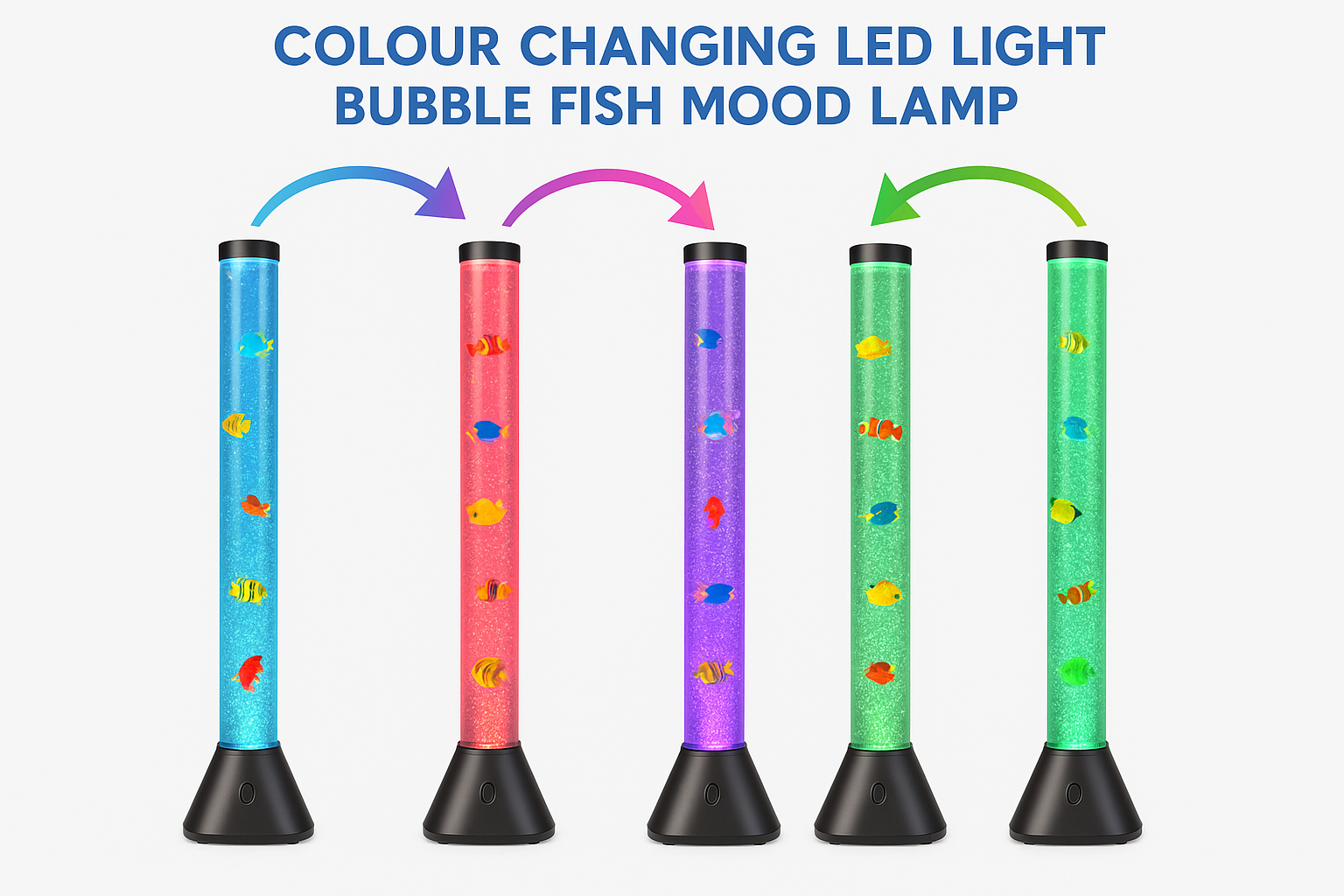 Color-changing LED light bubble fish mood lamp with labeled color changes on a white background.