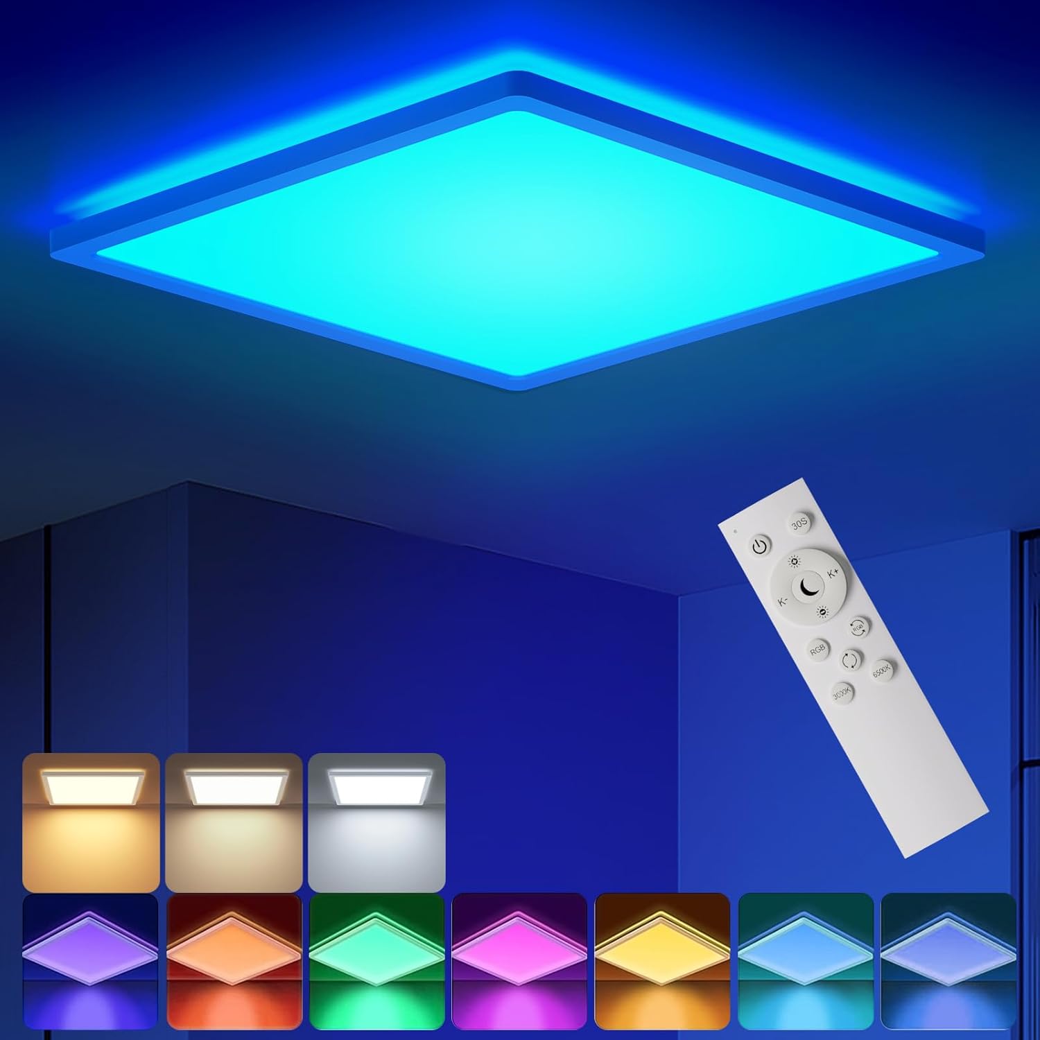 Color-changing LED ceiling light with remote control and color options displayed below.