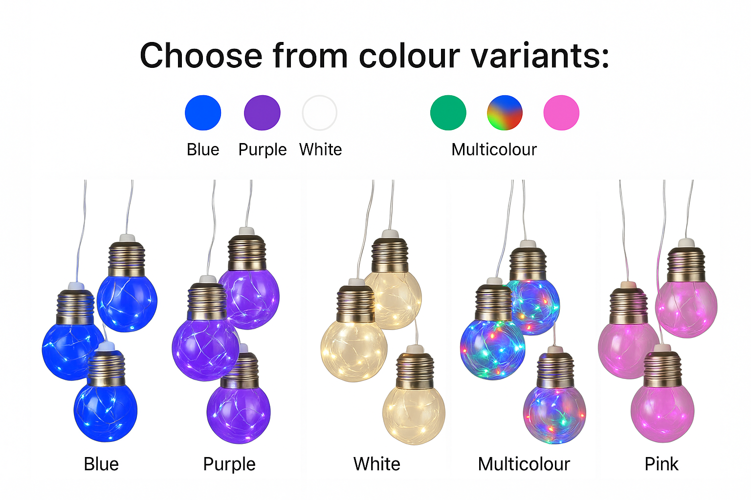 Color variants of decorative light bulbs displayed with color swatches.