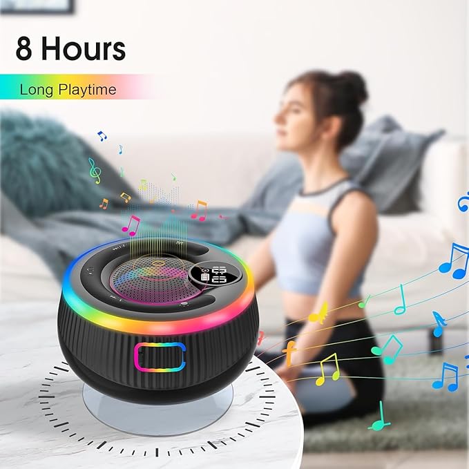 Colorful Bluetooth speaker with '8 Hours Long Playtime' text, woman sitting on a couch in the background.