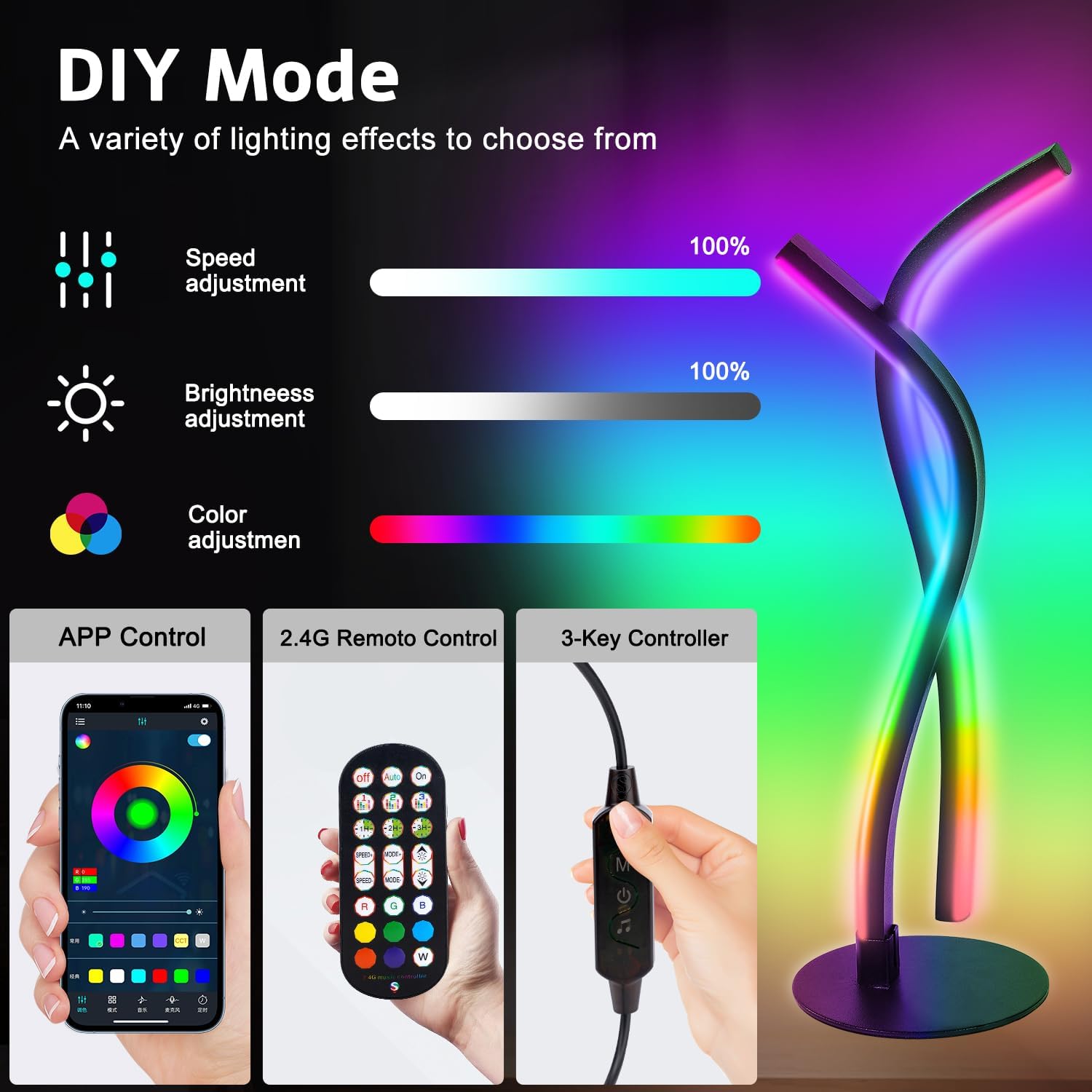Colorful LED lamp with control options on a black background