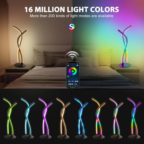 Colorful LED lamp with smartphone app control on a bed, showing 16 million light colors and 200+ light modes.
