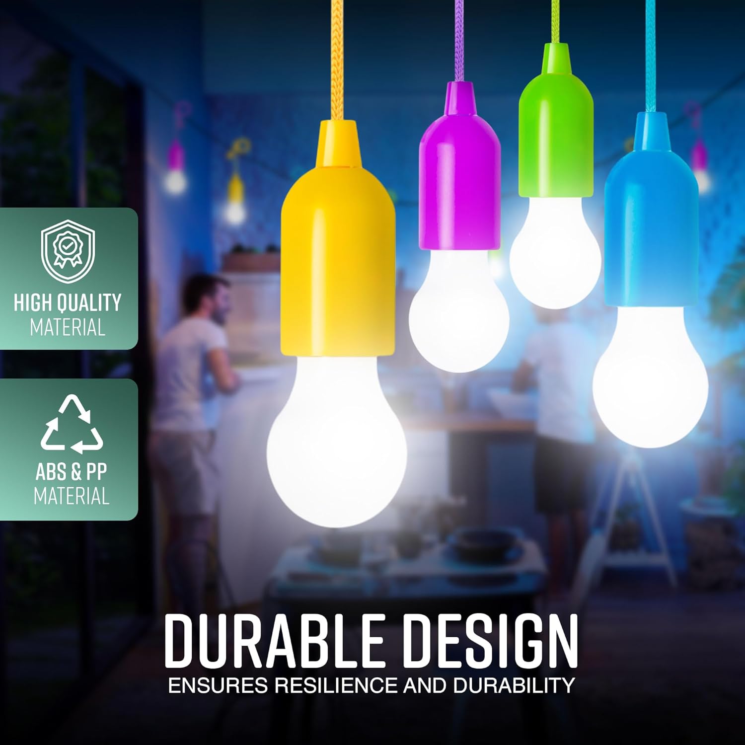 Colorful LED light bulbs hanging in a room with text about durability and material.