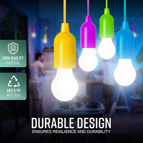Colorful LED light bulbs hanging in a room with text about durability and material.