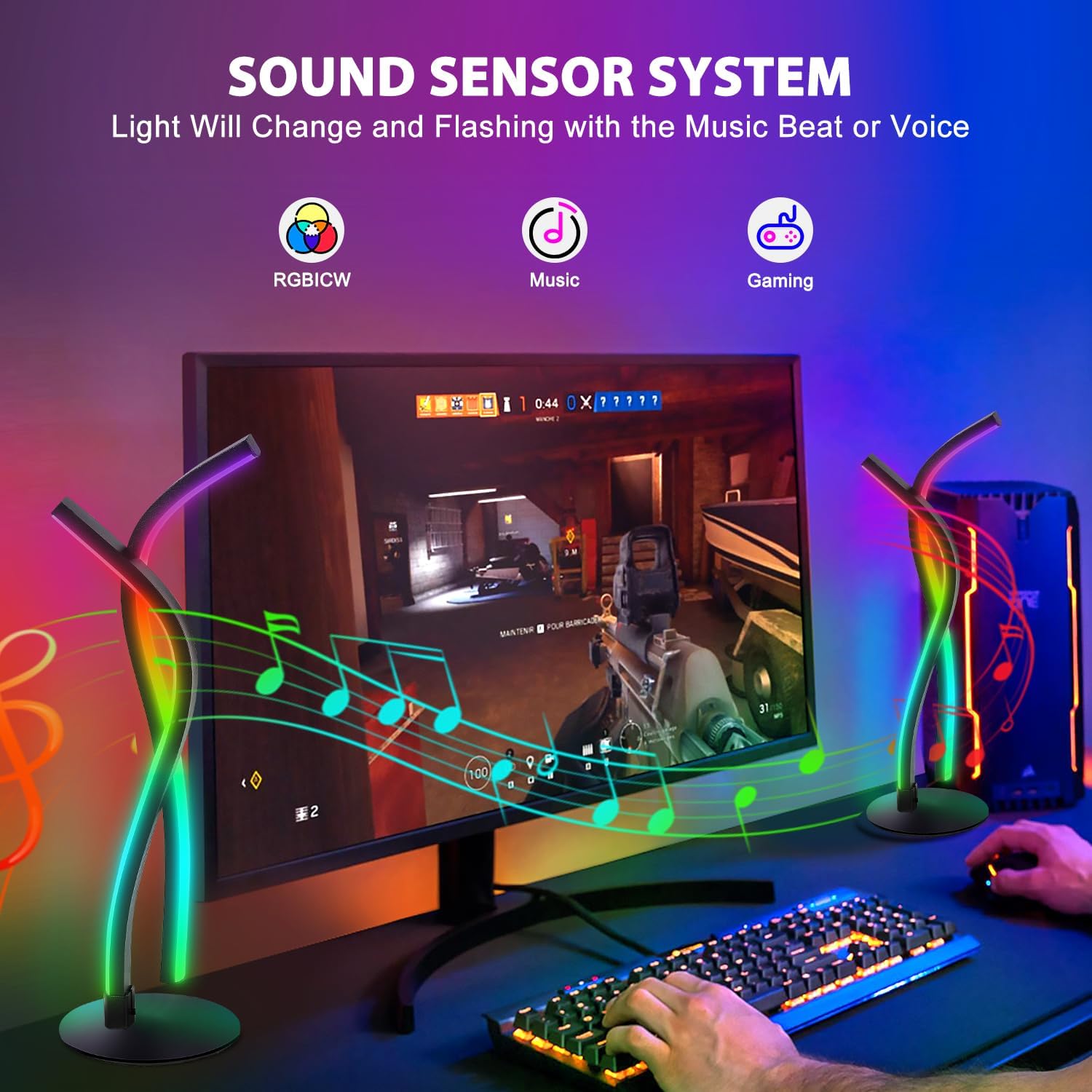 Colorful LED lights on a gaming setup with RGBICW, Music, and Gaming icons displayed.